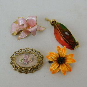 Lot of 4 Fashion Pin Brooches Cameo Flowers Floral Leaf Pin Red Orange Unmarked